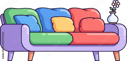 A colorful cartoon sofa with cushions and a small vase with a flower