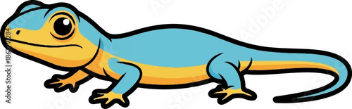 A cute cartoon illustration of a blue and yellow lizard-like creature with large eyes on a white background