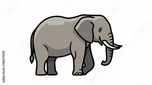 A cute cartoon illustration of a grey elephant with tusks and a trunk, walking sideways on a white background