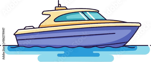A colorful cartoon-style boat illustration with a blue hull and yellow deck, floating on stylized blue water