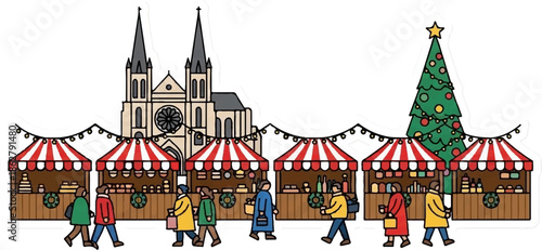 A charming festive market scene unfolds with stalls under red and white awnings, a grand church, and a decorated Christmas tree