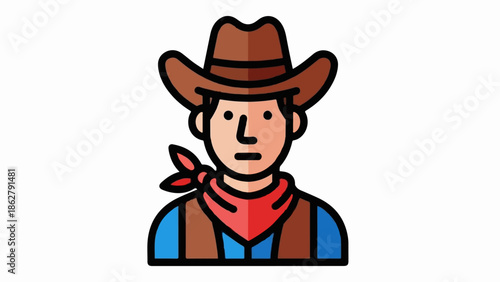 A colorful, cartoon-style icon of a cowboy's bust, featuring a brown hat, red bandana, and blue shirt