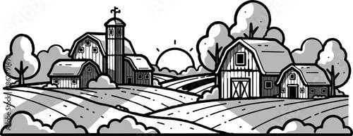 A charming, graphic farm scene with barns, trees, fields, and a rising sun