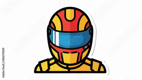 A cartoon illustration of a person in a red, yellow, and blue racing helmet and suit