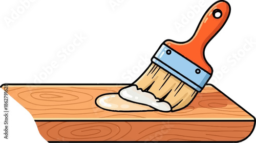 A cartoon illustration of a paintbrush applying wood glue or varnish to a wooden plank