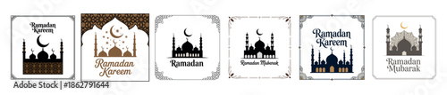 Islamic geometric framed mosque silhouette ramadan kareem greeting card design background template