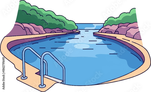 A cartoon illustration of a natural swimming pool or lagoon with rocks, lush green bushes, and a pathway