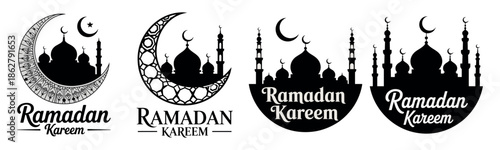 Ramadan Kareem icons showing mosques combined with crescent moon element in circular shapes