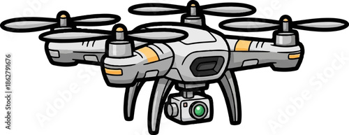 A cartoon illustration of a modern quadcopter drone, grey with orange accents, featuring an underslung camera attached