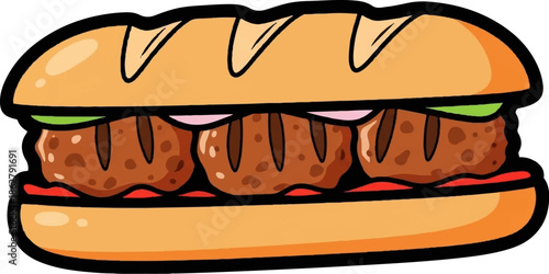 A cartoon illustration of a meatball sub sandwich with a golden bun, meatballs, sauce, and lettuce