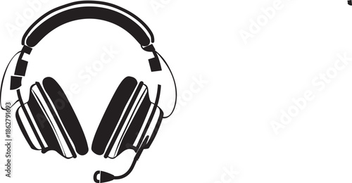Black headphones with microphone on transparent background vector illustration