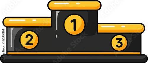 A black and gold cartoon-style victory podium with steps numbered one, two, and three for winners