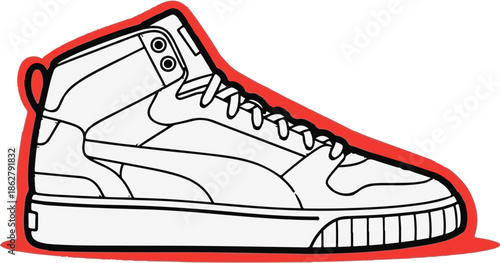A black and white illustration of a high-top sneaker with a red outline