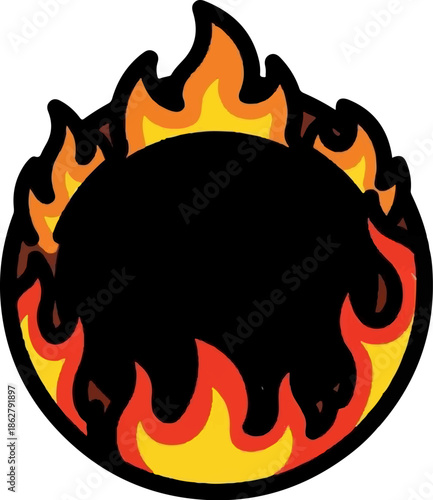 A black circle surrounded by stylized, cartoonish flames in vibrant reds and yellows