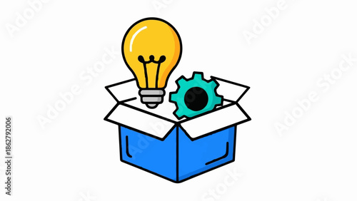 A blue box containing a glowing lightbulb and a teal gear