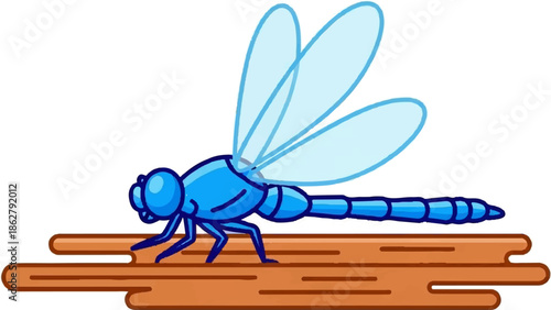 A blue cartoon dragonfly with translucent wings rests on brown wooden planks