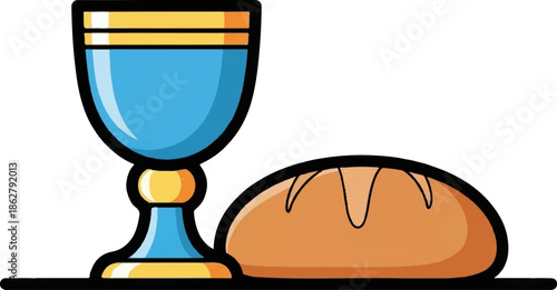 A blue chalice with gold accents stands beside a loaf of bread