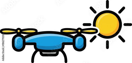 A blue drone with yellow propellers flies near a bright yellow sun icon, illustrated in a simple cartoon style