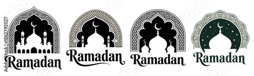 Ramadan greeting design featuring mosque silhouette inside ornate arch frame and calligraphy