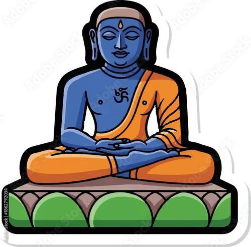 A blue figure in meditation, seated cross-legged on a decorative cushion, wearing orange robes