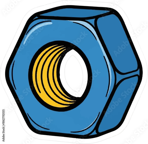 A blue hexagonal nut with yellow threaded interior and black outline