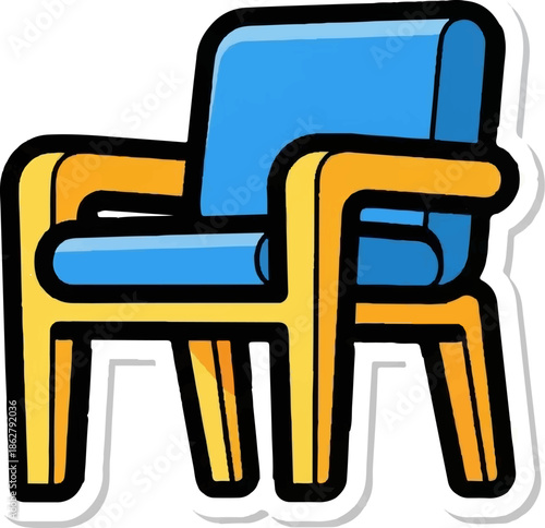 A blue cushioned armchair with yellow wooden frame