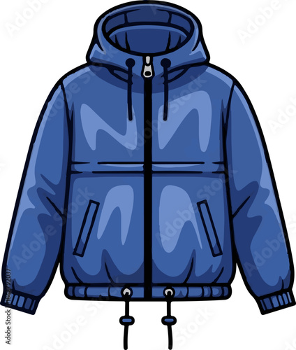 A blue hooded anorak jacket with a front zipper, pockets, and bottom drawstrings, in a cartoon style