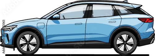 A blue, modern, electric SUV is depicted in a side profile, highlighting its sleek design