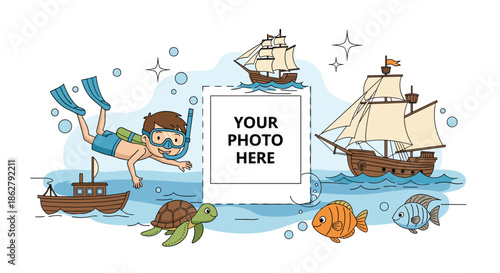Fun underwater photo frame template with a boy diver plus ships and sea creatures for tropical vacation memories.