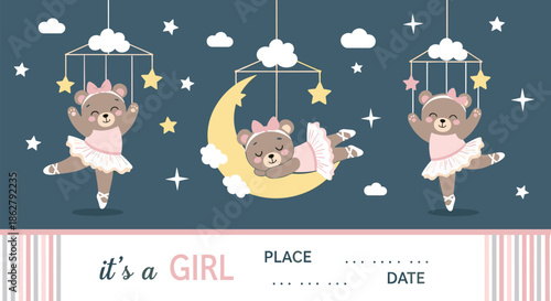 Sweet baby girl birth announcement card featuring cute ballerina bears dancing and sleeping on a moon among stars.