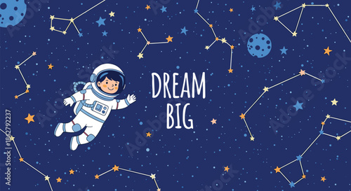 Inspirational space poster with a cute astronaut floating among stars and constellations with the text dream big.