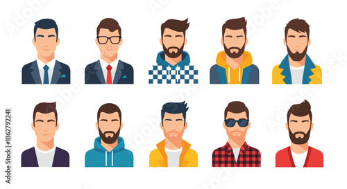 Professional set of male avatars in business suits and casual wear for company staff pages and member profiles.
