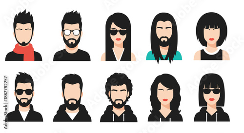 Set of modern male and female avatars with various hairstyles and accessories for social community profile icons.