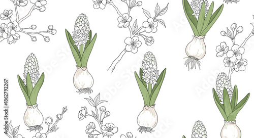 Beautiful seamless pattern of white hyacinth bulbs and delicate cherry blossom branches for spring decor themes.
