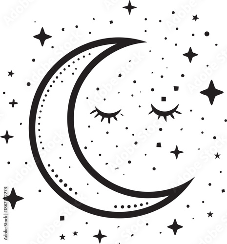Sleeping crescent moon face surrounded by stars and celestial dust on cosmic background