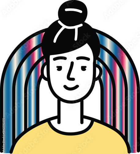 Stylized woman portrait with colorful rainbow hair bun and yellow shirt on gray background