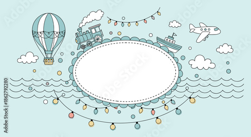 Cute nautical and travel frame with boat and train plus hot air balloon and airplane for children party invites.