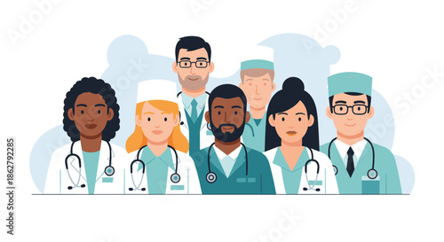 Diverse team of medical professionals including doctors and nurses in scrubs for healthcare and clinic illustrations.
