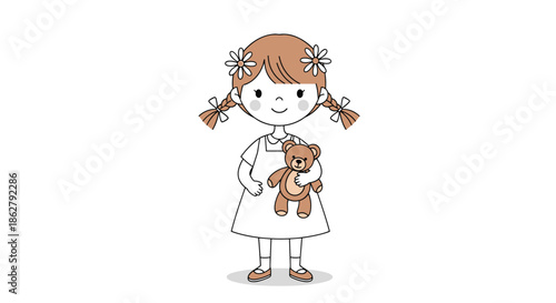 Adorable little girl with brown pigtails and flower hair clips holding her favorite soft teddy bear on a clean white background.
