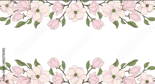 Elegant floral borders featuring pink magnolia blossoms and green leaves on the top and bottom of a clean white background.