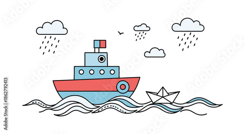 Cartoon ship and a small paper boat sailing on blue ocean waves under rainy clouds with a bird flying in the distance.