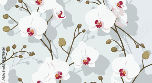 Elegant seamless pattern of white orchid flowers on branches with soft shadows on a light grey background for interior decor.