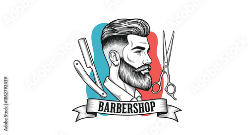 Professional barber shop logo featuring a bearded man profile with a straight razor, scissors, and a decorative ribbon banner.