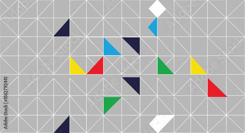 Abstract geometric pattern featuring a light gray grid background with sparsely placed colorful triangles for a modern design.