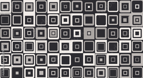 Modern abstract pattern consisting of multiple squares and rounded rectangles in various shades of black, white, and dark gray.