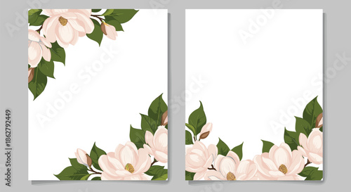 Pair of floral greeting card templates decorated with lush pink magnolia flowers and dark green leaves in opposite corners.