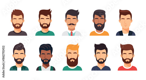Collection of diverse male avatars showcasing various hairstyles, beard types, and skin tones in a modern and clean flat design.