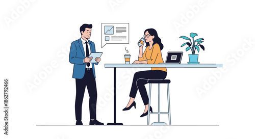 Business man and woman having a professional meeting at a cafe table with a laptop, coffee, and a digital tablet for work.