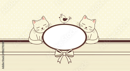 Sweet nursery frame featuring two cute sleeping kittens and a little bird on a striped and dotted beige decorative background.