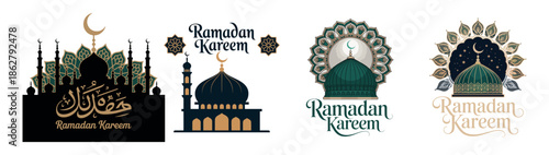 Elaborate set of Ramadan Kareem designs featuring stylized mosques intricate patterns and Arabic calligraphy